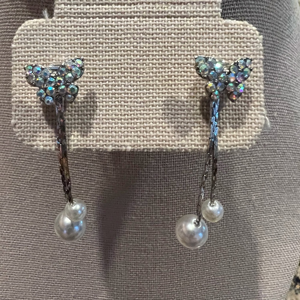 Pave style butterfly earrings with drop pearl beads